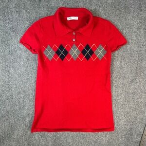 Zara Womens Argyle Knit Polo Sweater Red Short Sleeve Size Large Preppy Top